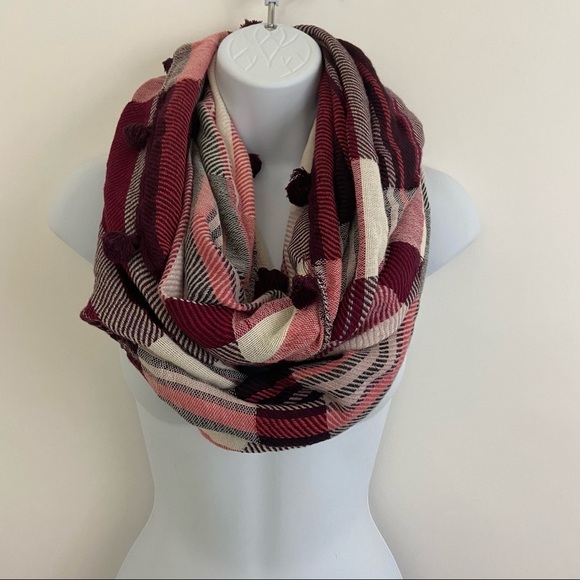 LOFT Red White Plaid Pom Pom Infinity Wrap Scarf - Picture 7 of 12